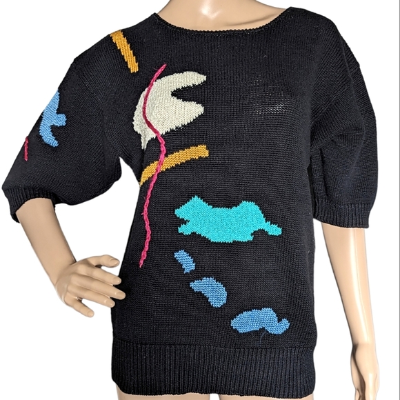 Vintage Sweaters - Vintage 80s Abstract Chunky Knit Short Sleeve Cotton Sweater
